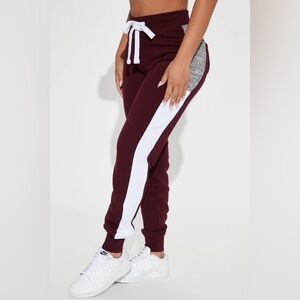 Fashion Nova - Burgundy Joggers with White/Grey Side Stripes, Small